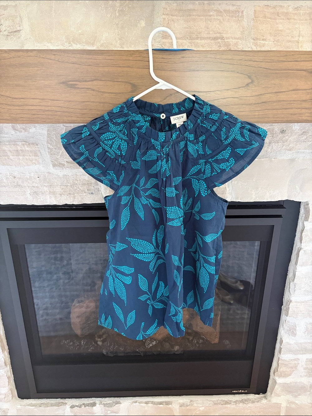 J. Crew Navy Blouse with Teal Leaf Print and Ruffle Yoke